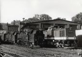 Srovnání parních a motorové lokomotivy v depu Wernigerode Westerntor, lokomotivy 99.7239 + 7234 a 199.871 dne 29. 8. 1989 © Pavel Stejskal