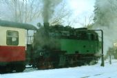 V devadesátých letech měla lokomotiva 99.6001 historizující nátěr a označení NWE 11. Alexisbad dne 4.2. 993 © Pavel Stejskal