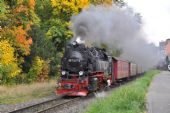 9.10.2013 byla na jednom z vlaků na Brocken nasazena 99.7247; zde jede ulicemi Wernigerode ke stanici Hasserode © Pavel Stejskal