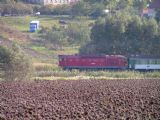 Brejlovec odjíždí z Bořetic. Mezi fotoaparátem a lokomotivou je také několik špačků, kteří kradou vinařům úrodu; 8. 10. 2005 © Milan Vojtek 