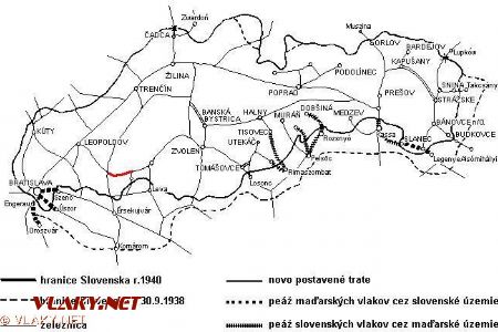 mapa železničnej siete Slovenska po Viedenskej arbitráži (2.11.1938)