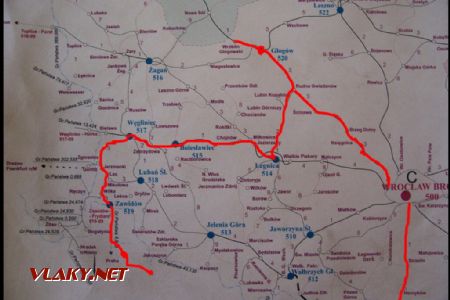 Mapa sítě PKP s vyznačenou trasou cesty © Miloslav Bednář