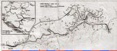 Mapka s porovnáním trasy staré úzkorozchodné a anové normálněrozchodné trati Konic- Bradina (barva znamená měřítko- 1 km) 1966. Reprint z propagačního tisku JŽ k otevření tratě Sarajevo- Ploče