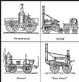 Štvorica rušňov, ktoré sa zúčastnili slávnych pretekov pri obci Rainhill 6. októbra 1829: „PERSEVERANCE“, víťazný Stephensonov rušeň „ROCKET“, „THE NOVELTY“ a „SANS PAREIL“.