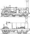 Výkresy dvoch základných typov parných rušňov typu „Crampton“ s usporiadaním pojazdu 3A a 2A z 50. rokov 19. storočia. (Zbierka autor).