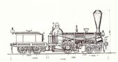 Parný rušeň „DEUCALION“ z roku 1846 s usporiadaním pojazdu 2´A typu „Philadelphia“. (Zdroj: Technické zprávy StEG č. 3 (Kolomý, Stejskal) - Univerzita Pardubice, 1995)