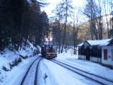 Pracovní vlak HSB se sněžnou frézou opouští výhybnu Steinerne Renne směrem do Wernigerode. 27.2.2010 © Jan Přikryl
