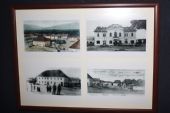 Historické fotografie a pohľadnice prezentované na výstave v staničnej čakárni v Nitrianskom Pravne.