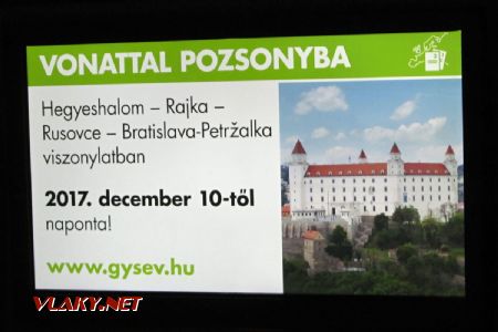 01.01.2018 – ABmz GySEV: informační systém v kupé – reklama na nové železniční spojení Rajka–Bratislava © Dominik Havel