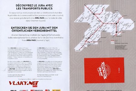 Jura-Pass, jízdenkou je samotná červená kartička s napsaným jménem cestujícího a razítkem hotelu (kartička lze odlepit). Hned v nadpisu je chyba v němčině… © Dominik Havel