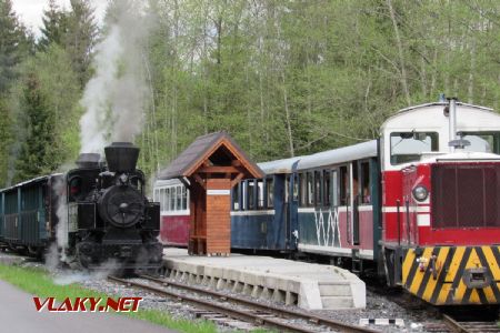 Mimoriadny parný vlak ČHŽ v stanici Vydrovo Korytárske križuje s pravidelným turistickým vláčikom (11.5.2019) © ČHŽ