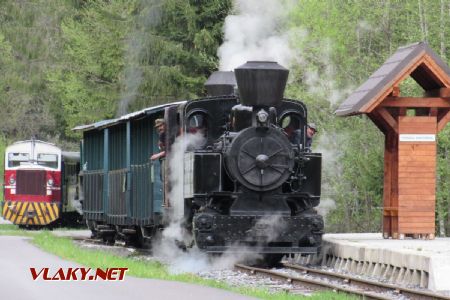 Mimoriadny parný vlak ČHŽ v stanici Vydrovo Korytárske križuje s pravidelným turistickým vláčikom (11.5.2019) © ČHŽ