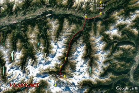 Zákres cesty 10.9.2019 z Belalpu do Zermattu a odtiaľ na Gornergratdo mapy Google Earth © 2018 Google