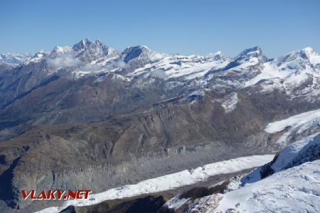 Zľava: Liskamm (4527 m), Castor (4223 m) a Pollux (4092 m n.m.) z Klein Mattrehornu, 11.9.2019 © Juraj Földes