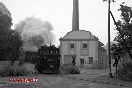 Mügeln DR 99.1566 při obsluze místní vlečky, 12.8.1986: © Pavel Stejskal