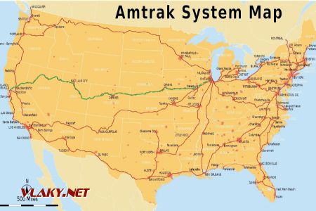 Mapa sítě Amtrak, zeleně tratě projeté v 2. dílu CC BY-SA 2.5