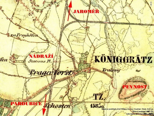 Královéhradecké nádraží na historické mapě z let 1836 - 1852 © Seznam.cz