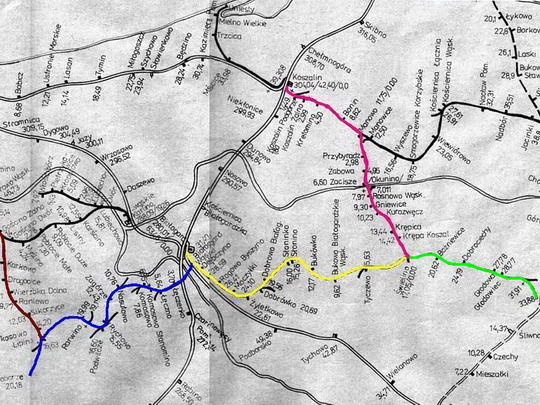 Mapa koszalińských úzkorozchodek z r. 1984; zdroj: www.waskotorowka.koszalin.pl - ZOBRAZ CELOU!