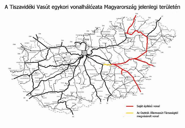 Mapa súčasnej železničnej siete MÁV s vyznačenými traťami bývalej TVV