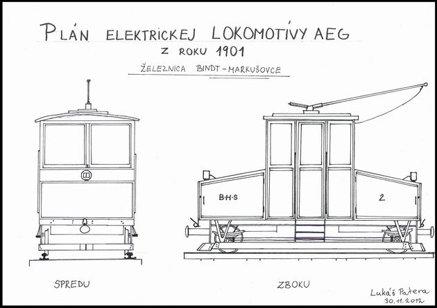 Približný plán elektrickej lokomotívy AEG zo železnice Bindt – Markušovce (podvozok lokomotívy medzi podlahou skrine a pluhom je predpokladaný) (kresba: Lukáš Patera)